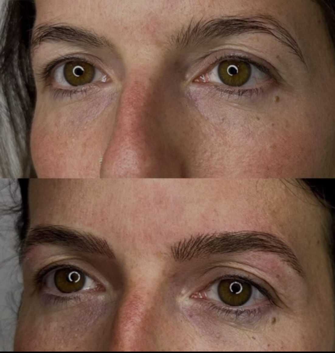 Before and after eyebrow microblading on a person's face, showing enhancement and shape change.