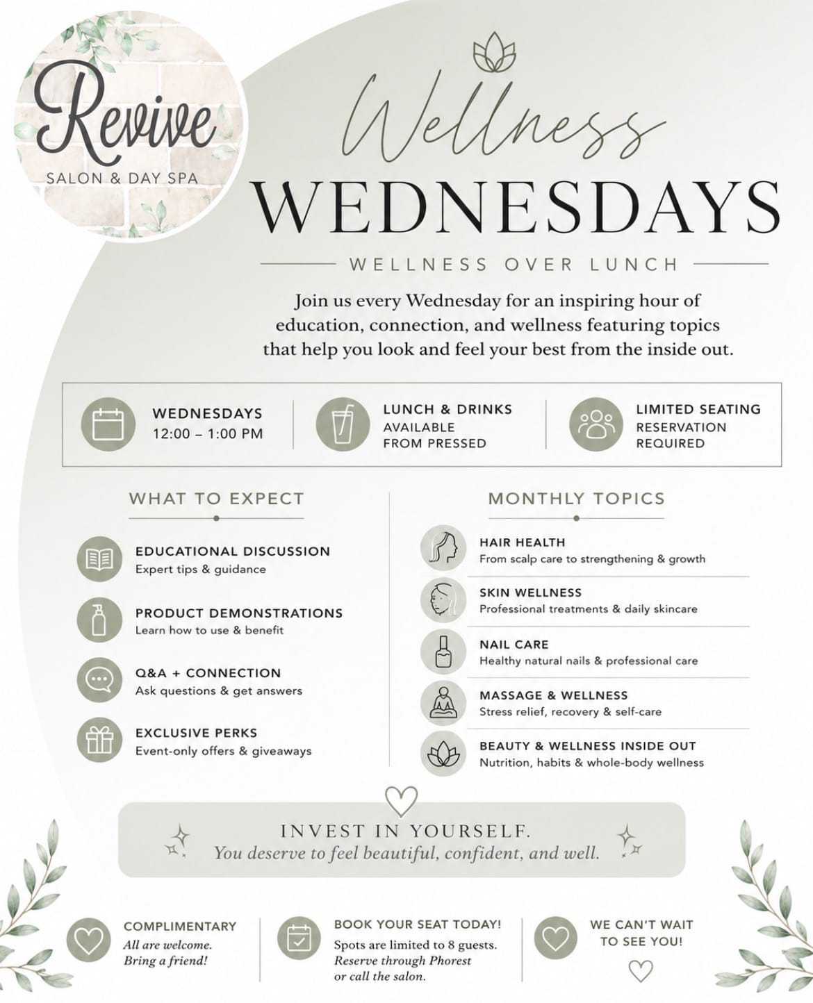 Wellness Wednesdays: Lunch, learning, and self-care topics at Revive Salon & Day Spa.
