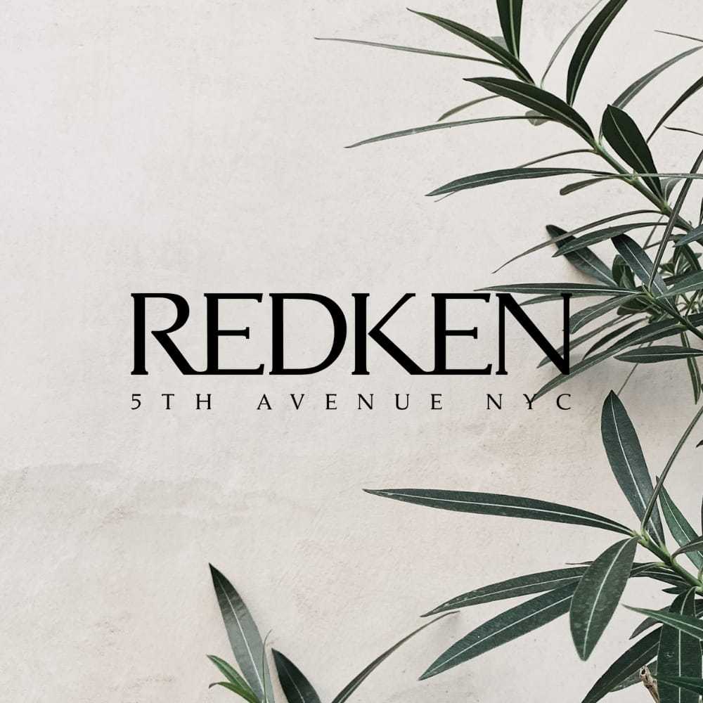 Redken 5th Avenue NYC logo with green plant leaves on a light background.