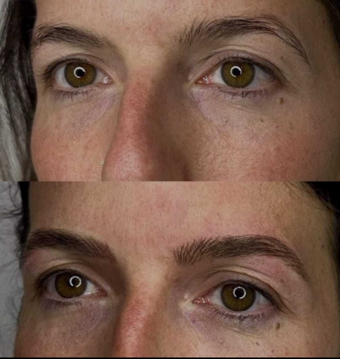 Before and after eyebrow microblading on a person's face, showing enhancement and shape change.